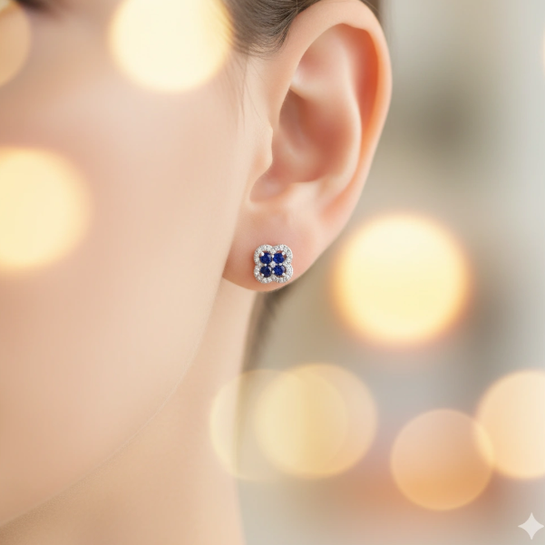 Sterling Silver Earring Studs with Sapphire and Lab-Created Diamonds 1.21 CT.TW