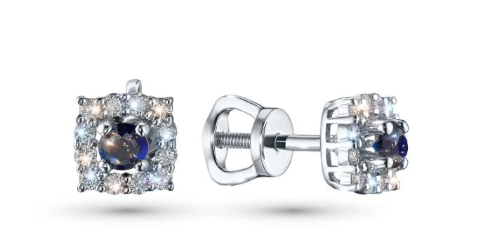 Sterling Silver Earring Studs with Sapphire and Lab-Created Diamonds 0.61 CT.TW