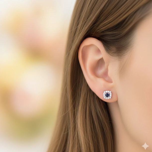 Sterling Silver Earring Studs with Sapphire and Lab-Created Diamonds 0.61 CT.TW