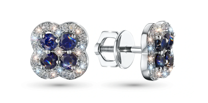 Sterling Silver Earring Studs with Sapphire and Lab-Created Diamonds 1.21 CT.TW