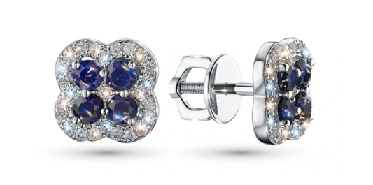 Sterling Silver Earring Studs with Sapphire and Lab-Created Diamonds 1.21 CT.TW